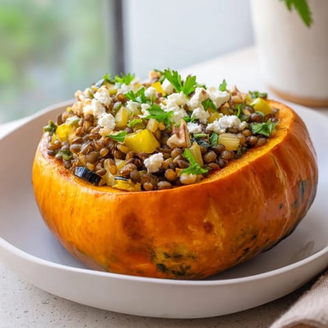 A warm, inviting shot of Lentil & Walnut Stuffed Acorn Squash, ready for a comforting meal.