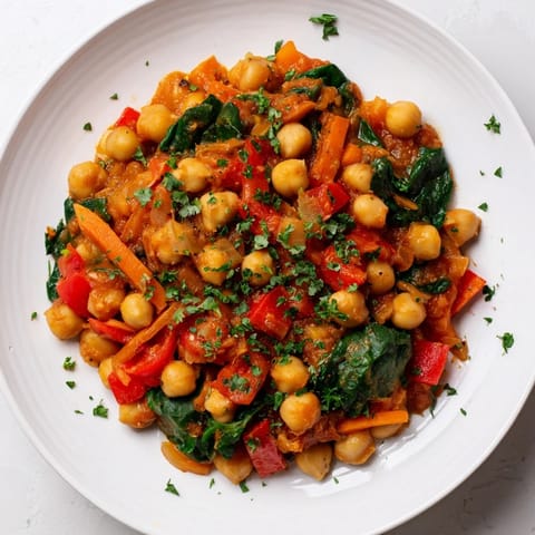 Flavorful Vegetarian Chickpea & Spinach Skillet, showcasing bright red tomatoes and tender spinach, perfect comfort food.