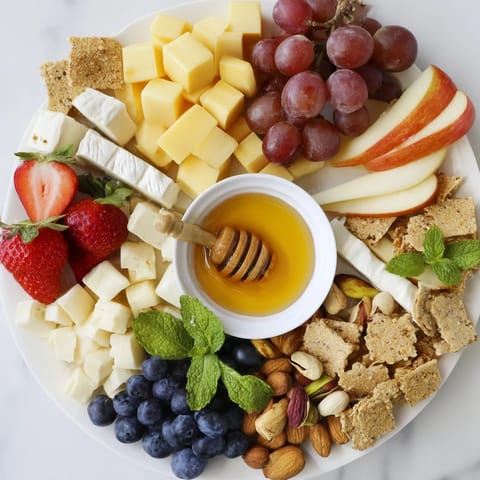 A vibrant photo of a Bears Honey Pot Board, brimming with fresh fruits, cheese, and golden honey.