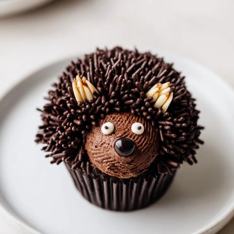 Close-up of a whimsical Hedgehog Cupcake Tower, showing each chocolate-sprinkled cupcake hedgehog's adorable details.