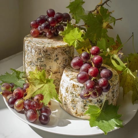 A gorgeous Rustic Vineyard appetizer with cheese, green grapes amongst grapevine branches, perfect for sharing.