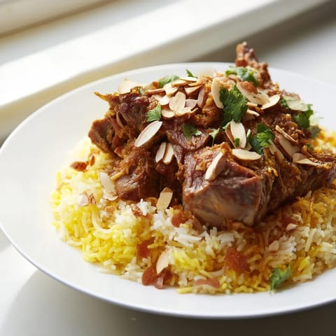 Aromatic Qatari Majboos with golden-brown lamb and flavorful basmati rice, ready to be served.