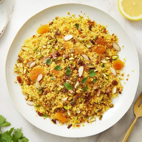 Couscous pilaf spiced with warm cumin and cinnamon, studded with apricots, raisins, almonds, and pistachios for a festive side dish.