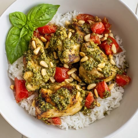 Tender chicken with vibrant green basil pesto sits atop warm rice, garnished with juicy tomato chunks and fresh basil leaves.