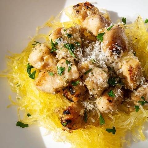 Juicy bites of lemon garlic chicken served over golden roasted spaghetti squash, garnished with fresh parsley and ready for a light weeknight meal.