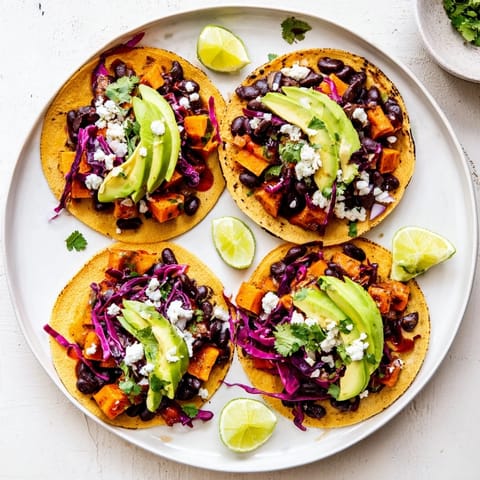 Savory Black Bean and Sweet Potato Tacos topped with avocado, shredded red cabbage, and a dollop of vegan sour cream.
