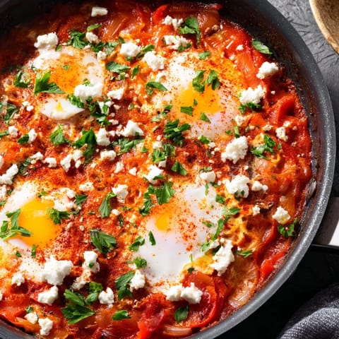 Shakshuka served in a rustic skillet with runny egg yolks, red bell peppers, and a side of crusty bread for dipping.  