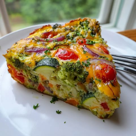 Vegetable frittata served warm in a skillet, topped with fresh parsley and ripe cherry tomatoes.