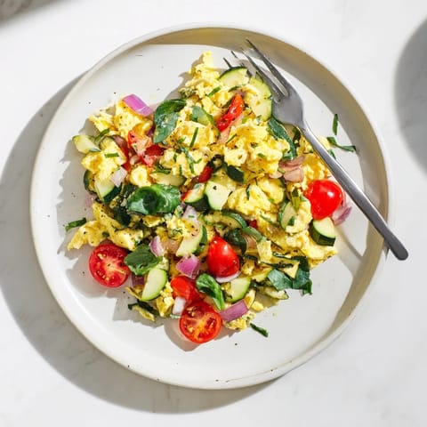 Hearty breakfast scramble featuring tender eggs, zucchini, and red onion, served warm for a nutritious start.