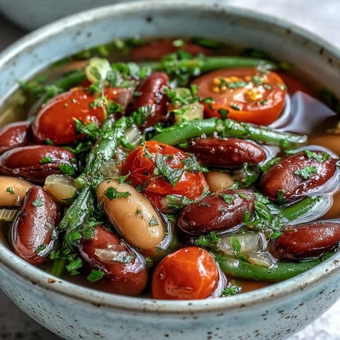 Hot Three-Bean Salad Soup in a rustic bowl with fresh parsley garnish and a slice of crusty bread.