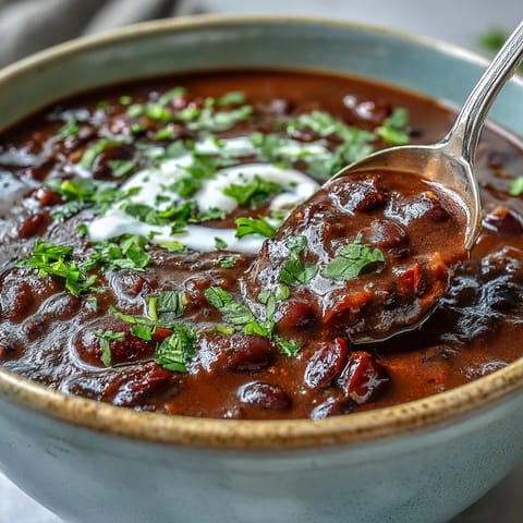 Creamy black bean soup topped with avocado, cilantro, and a lime wedge served in a rustic bowl.