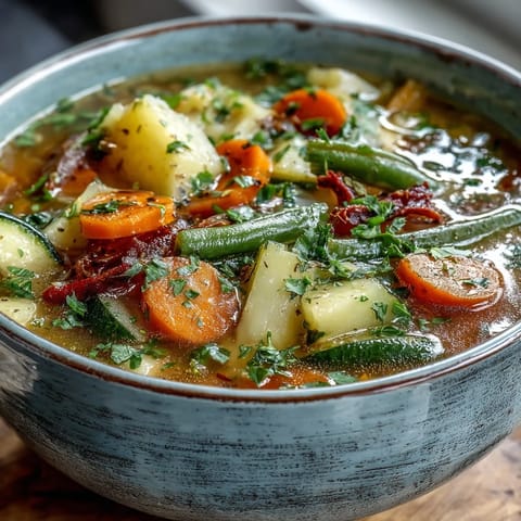 A steaming bowl of Potato and Vegetable Soup garnished with fresh parsley, served next to crusty bread for dipping.