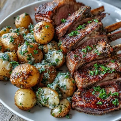 Golden-brown rack of lamb with herb crust next to crispy roasted potatoes studded with chopped green olives, served on a rustic platter.