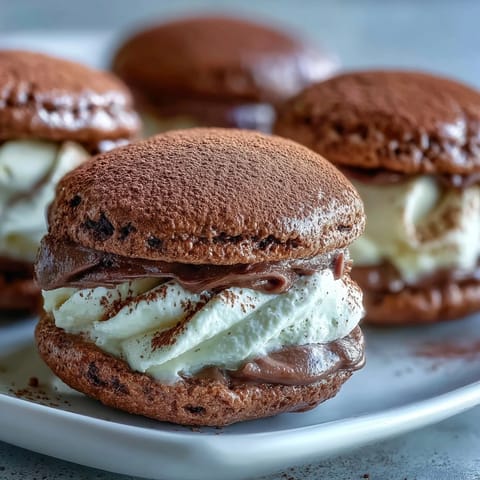 Freshly baked Tiramisu Whoopie Pies with rich cocoa-dusted tops sit on a wire cooling rack.