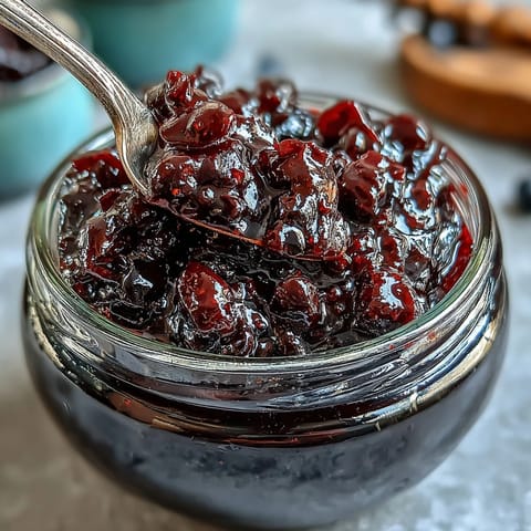 Glossy, deep purple Homemade Black Currant Jam simmering in a heavy saucepan, steam rising over the stovetop.
