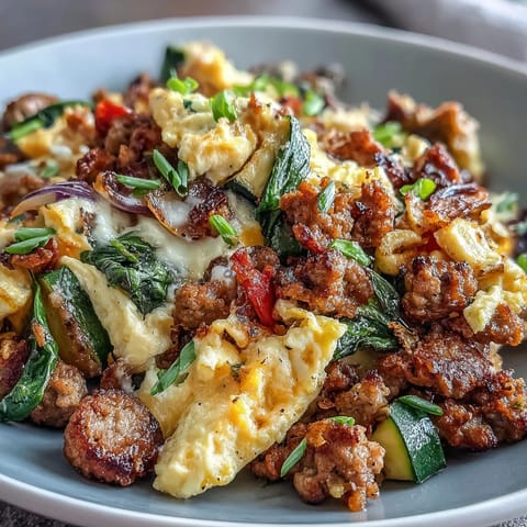 A freshly cooked Keto Sausage and Veggie Breakfast Scramble steams in a cast iron skillet, topped with melted cheddar and bright baby spinach.