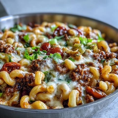 Cheesy One-Pan Cheeseburger Chili Mac in a black cast iron skillet, garnished with cherry tomatoes and ready for a family dinner.