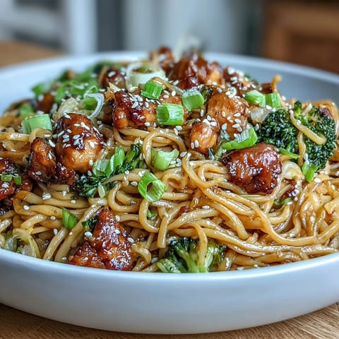Golden-brown chicken and vibrant vegetables tossed with egg noodles in a rich, sticky garlic-honey soy glaze.  
