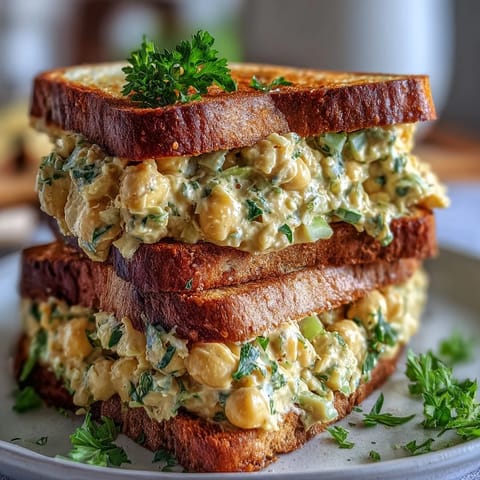 Protein-packed chickpea salad sandwich filled with crunchy celery, onion, and parsley, served on whole grain bread.  