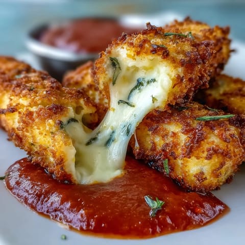 Golden mozzarella sticks with crunchy breadcrumb coating, cooked to perfection in the air fryer and paired with warm marinara sauce.  
