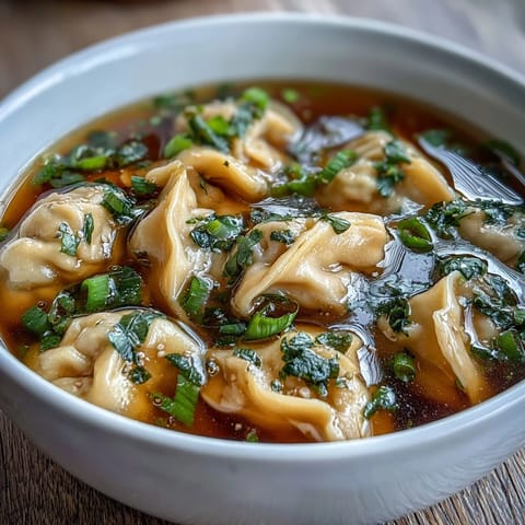 Aromatic Asian-inspired dumpling soup featuring juicy chicken dumplings, rich broth, and vibrant scallions.  