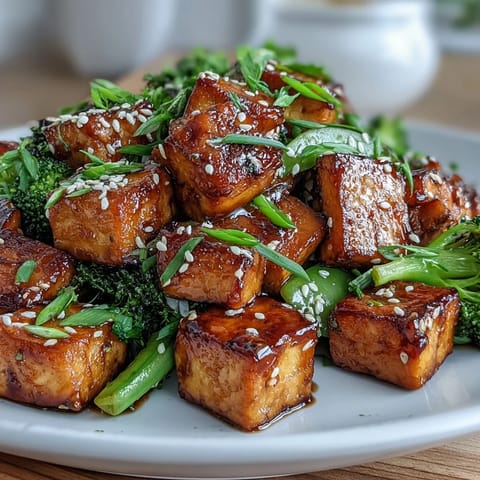 Crispy tofu and vibrant vegetables in a savory teriyaki sauce, served in a steaming hot stir-fry skillet.  