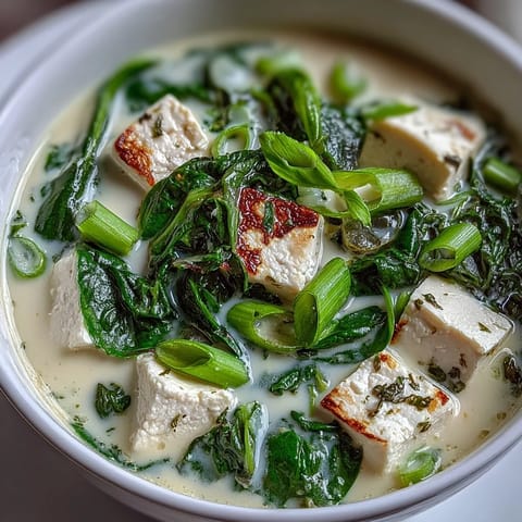 A warm bowl of miso soup with tofu, spinach, and green onions, showcasing a savory Japanese broth with fresh ingredients.