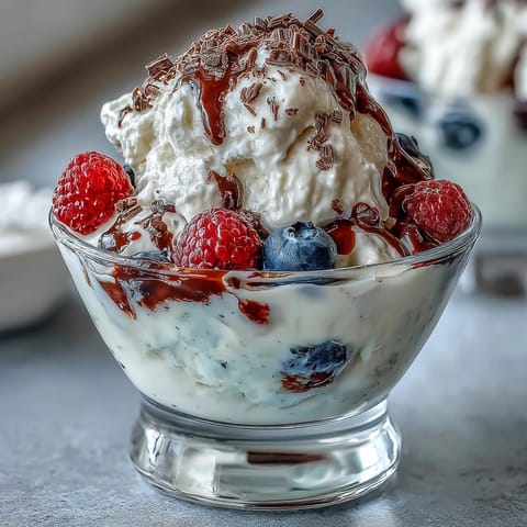 Fluffy Yogurt Berry Sundaes with Dark Chocolate Shavings in clear glass bowls, layered with creamy yogurt, fresh mixed berries, and rich chocolate shavings.