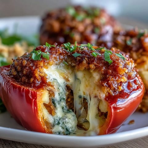 Cheesy funeral potatoes baked inside vibrant bell peppers, topped with golden, crispy cornflakes.  