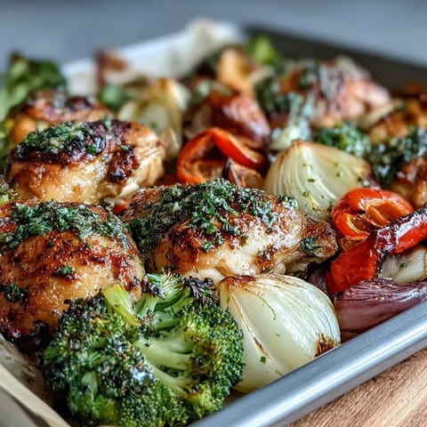 Healthy 5-Ingredient Sheet Pan Chicken and Veggies with tender chicken and colorful roasted vegetables on a sheet pan.