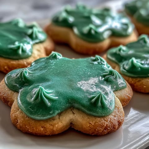 Festive shamrock sugar cookies decorated with smooth royal icing, perfect for St. Patricks Day celebrations.