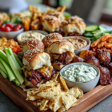 Festive BBQ baby shower snack board with sliders, chips, and fresh veggies, perfect for a casual gathering.