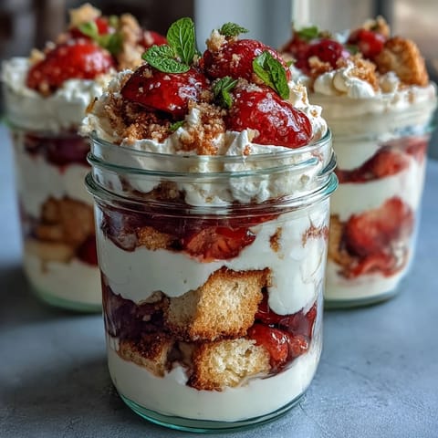 Mason jar parfaits featuring layers of juicy strawberries, tender shortcake, and vanilla whipped cream