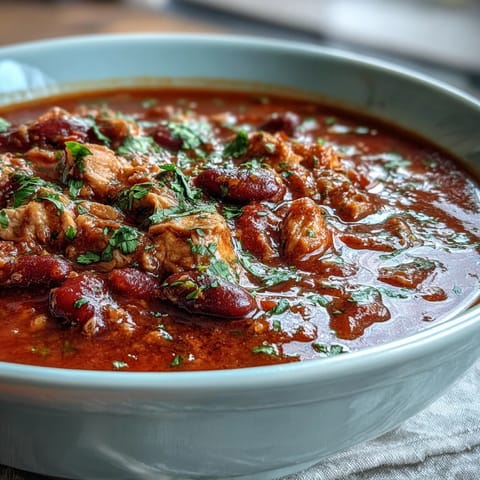 A steaming pot of Healthy Easy One-Pot Turkey Chili with Beans, filled with tender turkey, black beans, and vegetables, garnished with green onions and lime wedges.