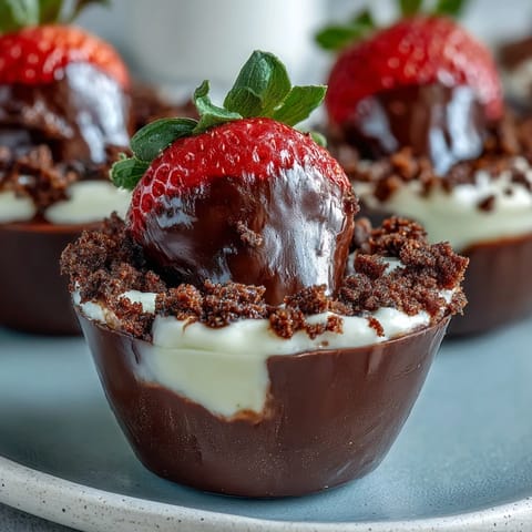 Gourmet chocolate strawberry cups with creamy filling and Biscoff cookie crumble—perfect fusion dessert for special occasions.