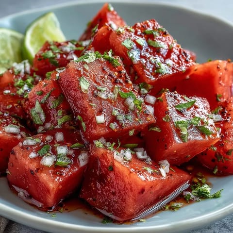 Fresh watermelon slices dusted with Tajin and zesty lime juice for a vibrant, spicy-sweet summer treat.  