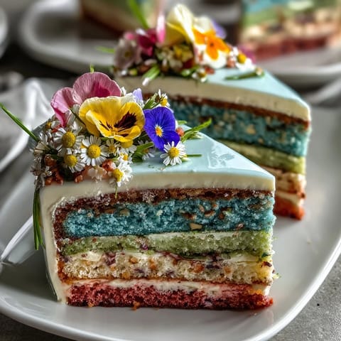 A stunning pastel ombre cake with soft pink, yellow, and blue layers, crowned with a delicate edible flower arrangement.