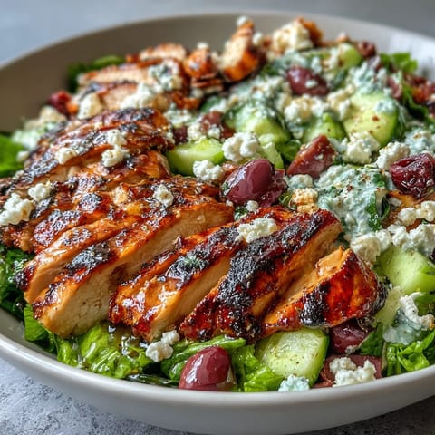Greek Salad Bowl with Grilled Chicken, a vibrant and healthy summer dish featuring juicy marinated chicken over crisp lettuce, tomatoes, cucumbers, and feta cheese.