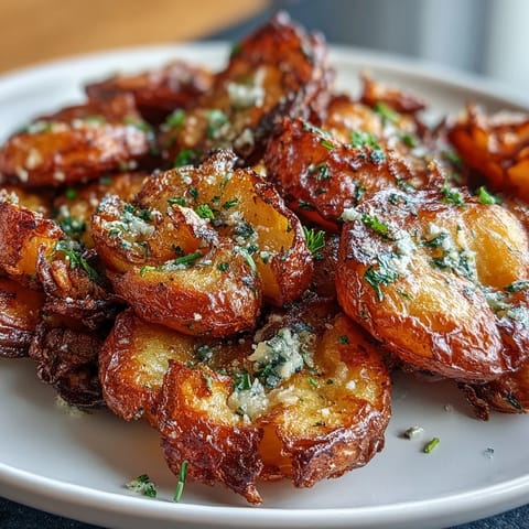 Crispy smashed potatoes with golden edges, served with fresh herbs for a flavorful side dish.  