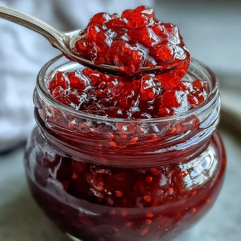 Vibrant raspberry lemon chia jam with fresh berries, zesty citrus, and natural chia seed thickening.