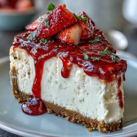 No-bake strawberry cheesecake with a buttery graham cracker crust and glossy fresh strawberry topping.
