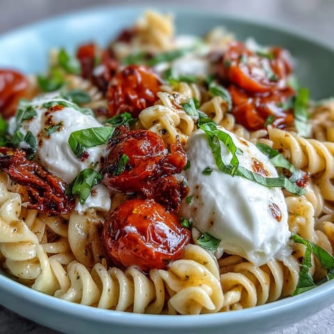 Close-up of Summer Caprese Pasta; creamy burrata melting over ripe tomatoes and basil.