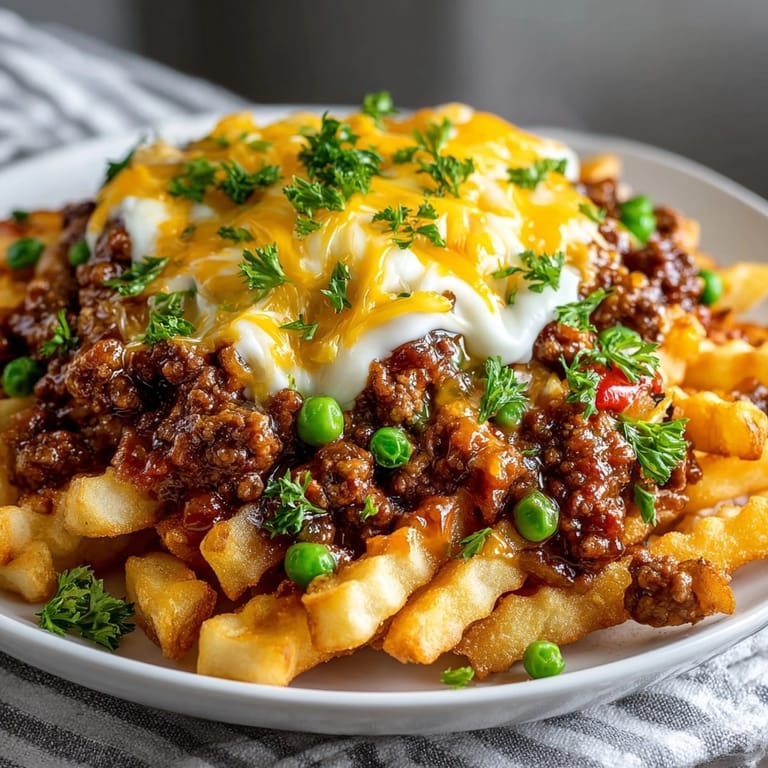 Savory Shepherd&amp;rsquo;s Pie Loaded Fries: hearty baked potatoes smothered in seasoned beef and cheddar.