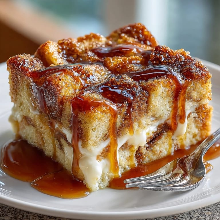 Golden Cinnamon Toast Bread Pudding recipe, topped with luscious, dripping homemade caramel sauce.