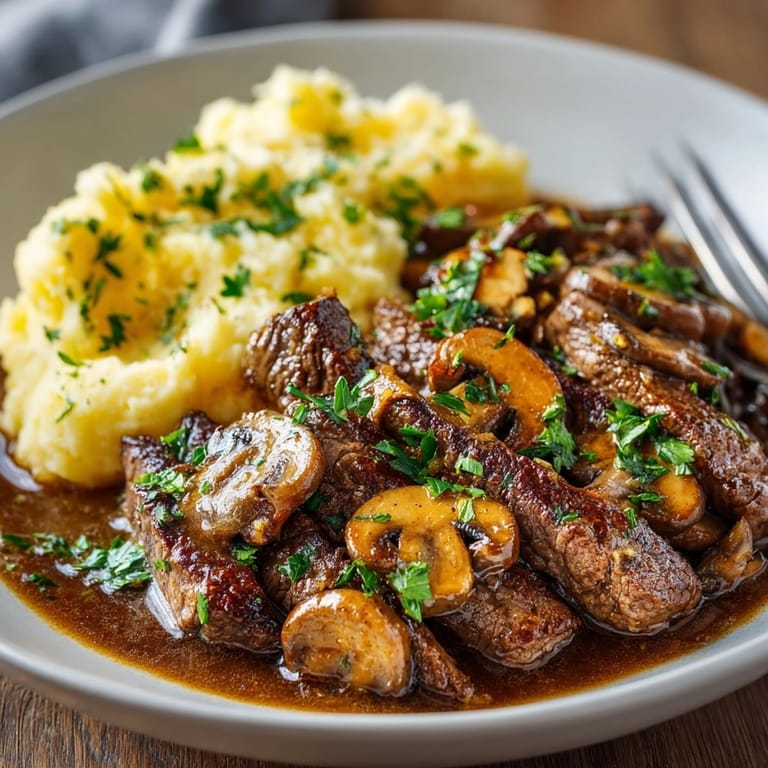 Comforting Beef Stroganoff, simmered until tender, served atop roasted garlic mash heap.