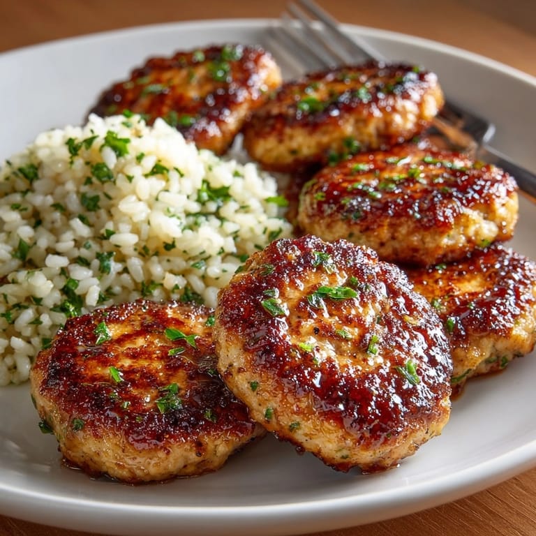 Golden-brown, homemade Maple Apple Turkey Sausage Patties served atop fragrant herbed rice.