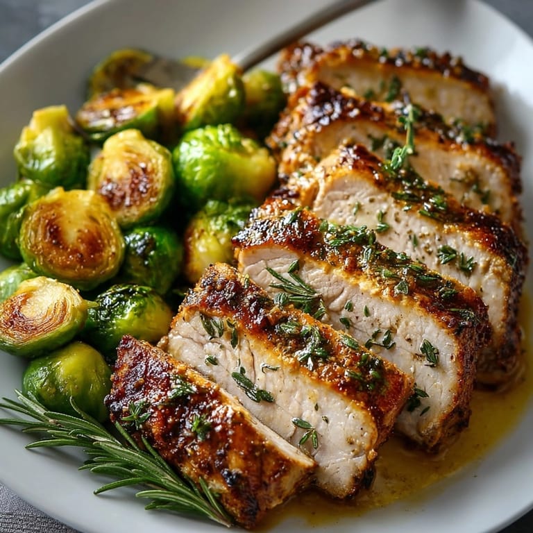 Juicy Herb-Roasted Pork Loin recipe with roasted Brussels sprouts for a comforting dinner.