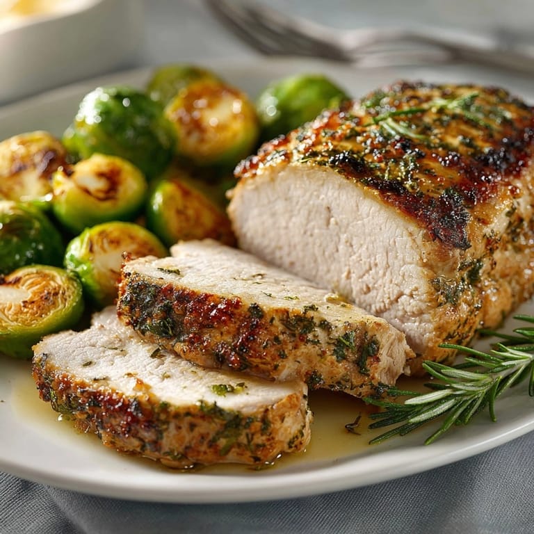 Savory Herb-Roasted Pork Loin—imagine tender pork paired with perfectly crisp sprouts.