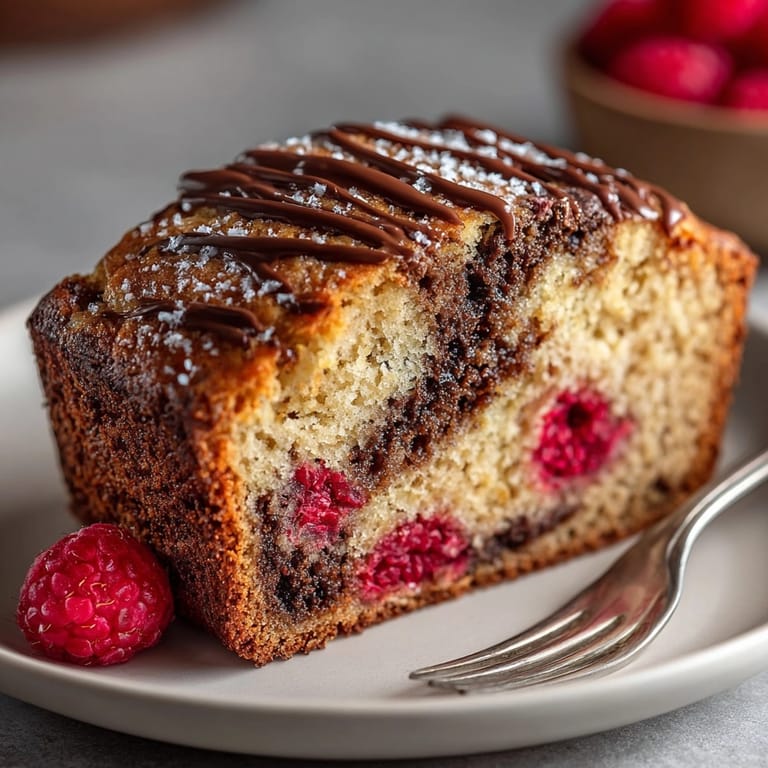 Close-up shows the marbleized swirls in homemade Raspberry Chocolate Swirl Banana Bread.