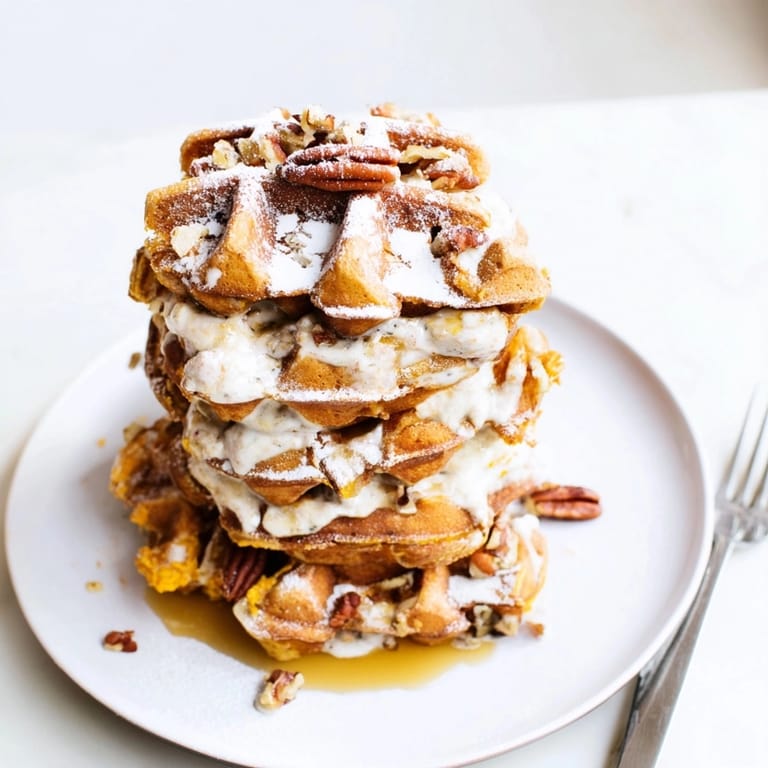 Homemade Ricotta Pumpkin Waffle Stacks, ready to be savored for a comforting weekend breakfast.